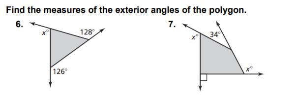 Please help, find the exterior angles of the two polygon.-example-1