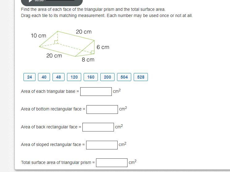 Find the area of each face of the triangular prism and the total surface area. Drag-example-1