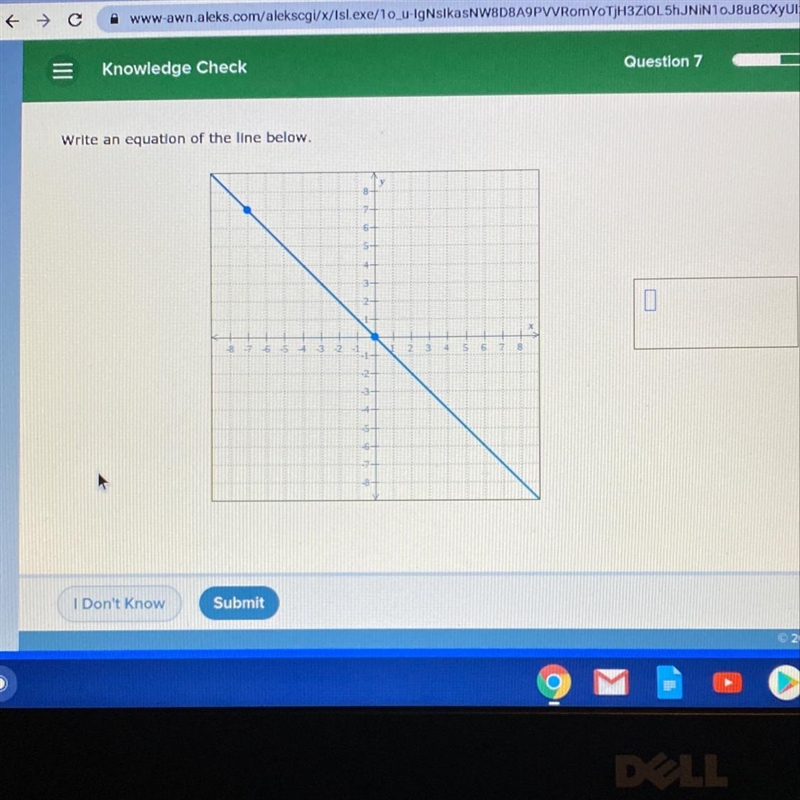 Write an equation of the line below. 0 D=0 OO Х 5 I Don't Know Submit-example-1