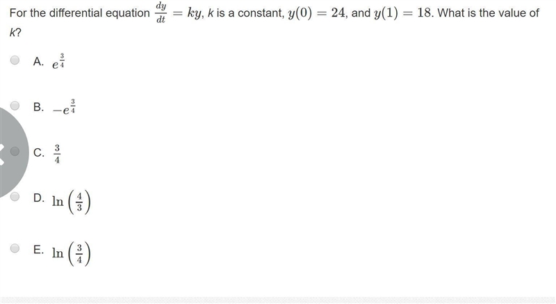 For the differential equation dy/dt=ky, k is a constant, y(0)=24, and y(1)=18. What-example-1