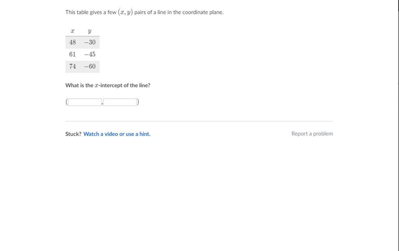 This table gives a few (x,y) pairs of a line in the coordinate plane. x y 48 -30 61 -45 74 -60 What-example-1