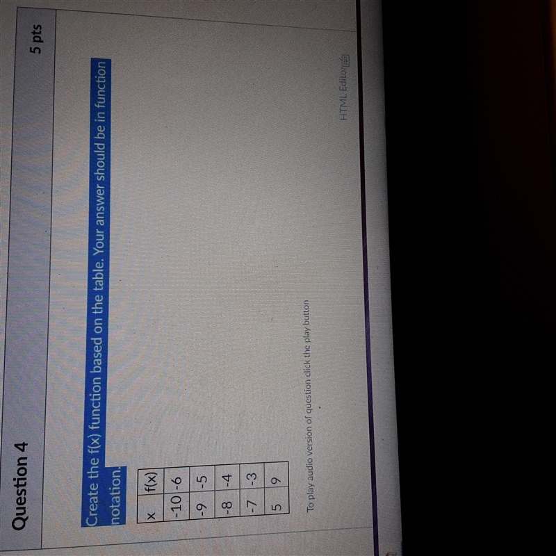 Create the f(x) function based on the table. Answer should be in function notation-example-1