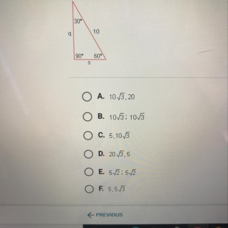 In the 30-60-90 triangle below, side s has a length of _ and side q has a length of-example-1