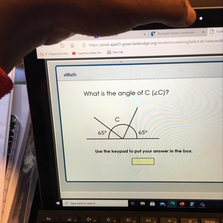 A Math What is the angle of C (ZC)? who 65° 65° Use the keypad to put your answer-example-1