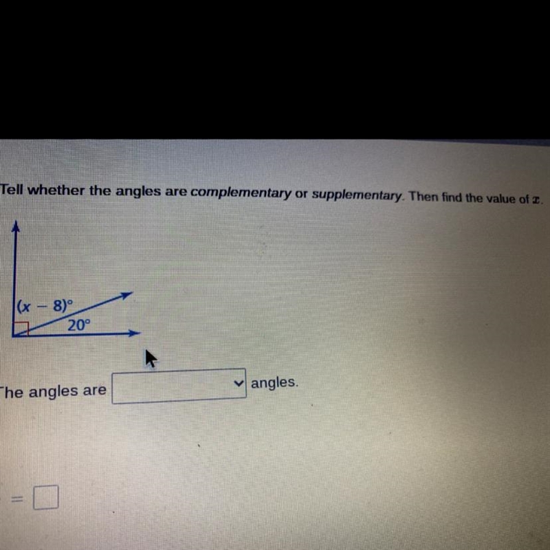 Tell whether the angles are complementary or supplementary. Then find the value of-example-1