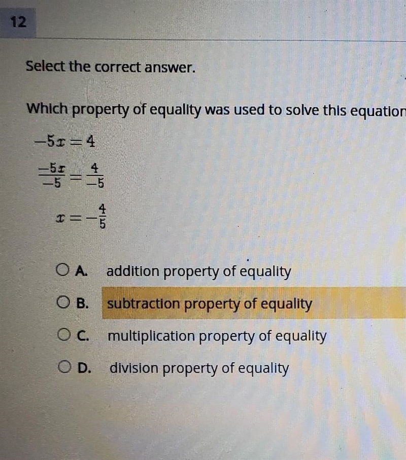 Which property of equality was used to solve this equation? ​-example-1