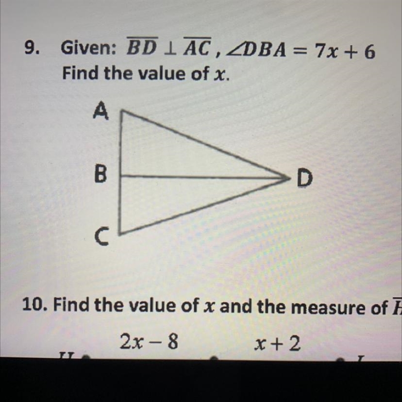 Given: BD is perpendicular to AC, measure DBA = 7x+6. Find x-example-1