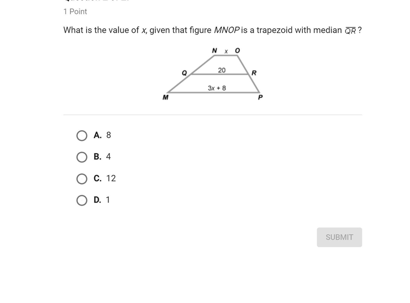 Need help asap! what is the value of x given that figure MNOP is a trapezoid with-example-1