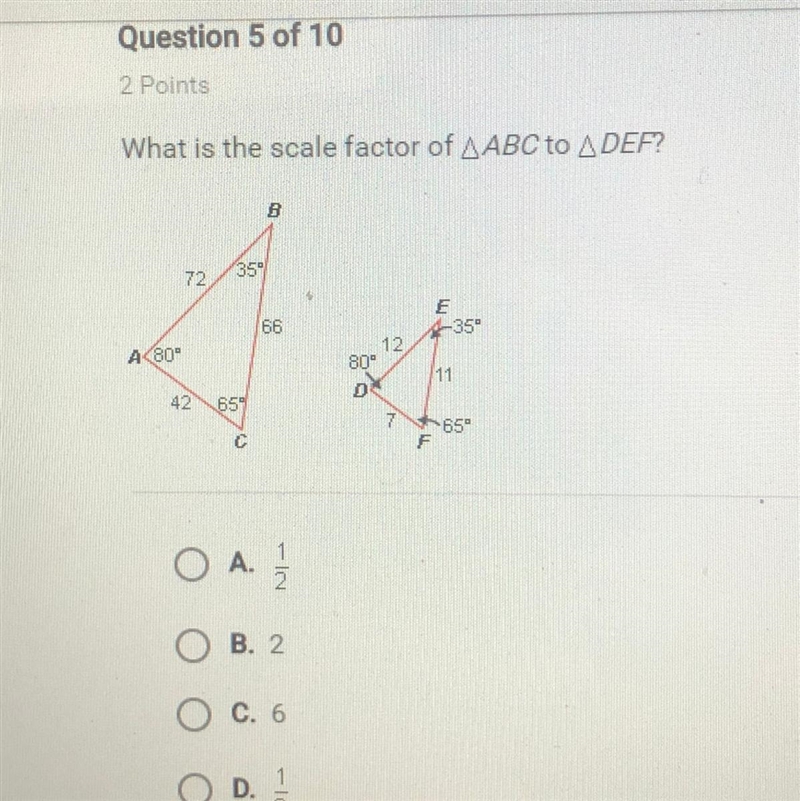 What is the scale factor of AABC to A DEF?-example-1