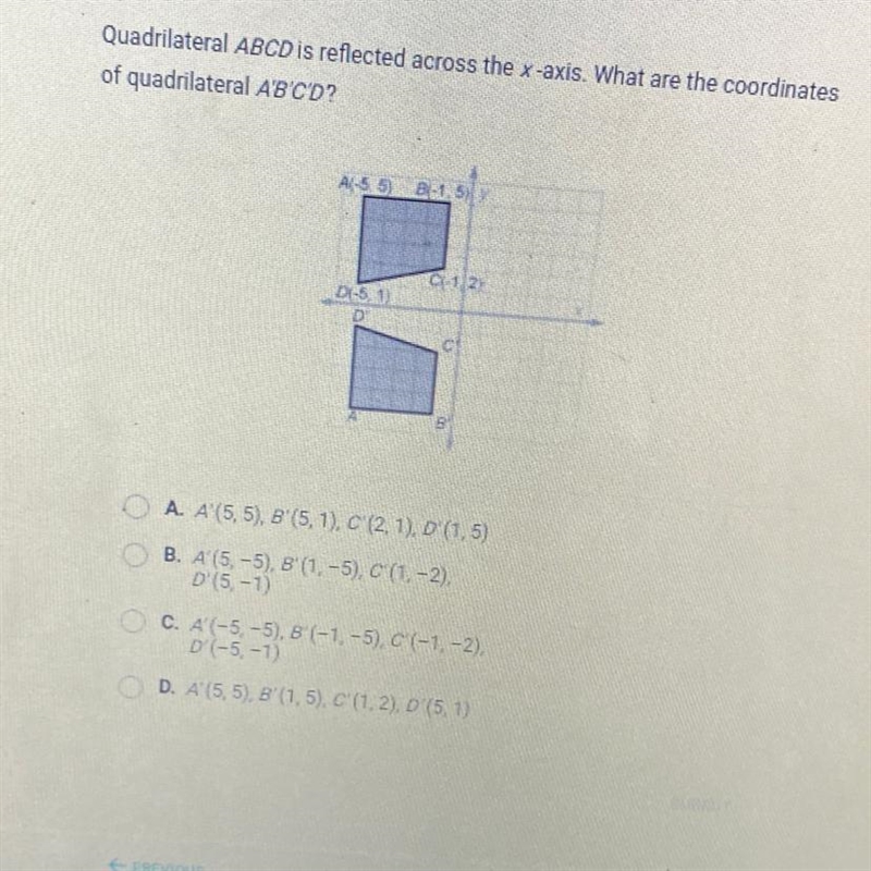 Question 4 of 5 Quadrilateral ABCD is reflected across the x-axis. What are the coordinates-example-1