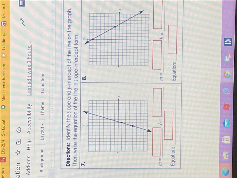 Identify the slope and y-intercept of the line on the graph. The write the equation-example-1