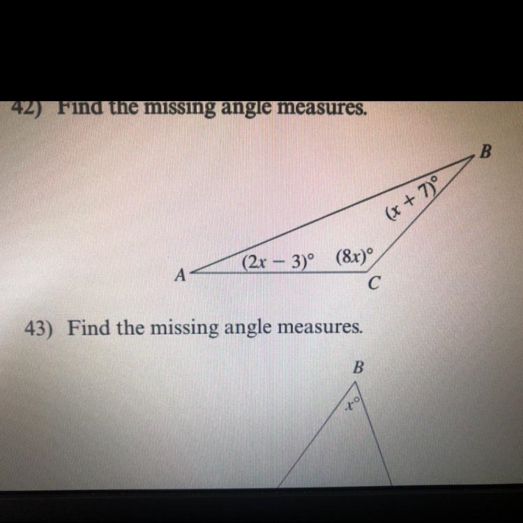 Find the missing angle measures. (2x-3),(8x) and(x+7)-example-1