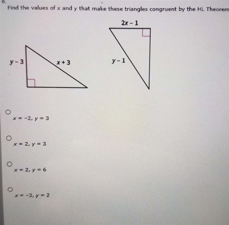 HELPPPP PLZZZZZ Find the values of x and y that make these triangles congruent by-example-1