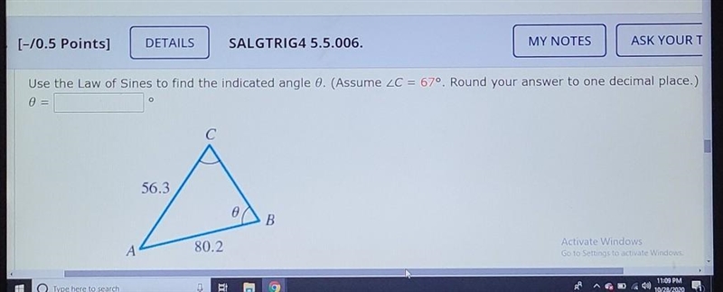 Use the Law of Sines to find the indicated angle 0. (Assume ZC = 670. Round your answer-example-1