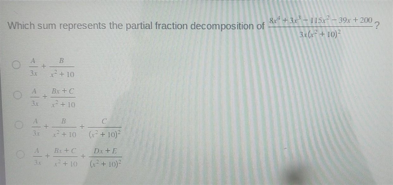 Which sum represents the partial fraction decomposition?​-example-1