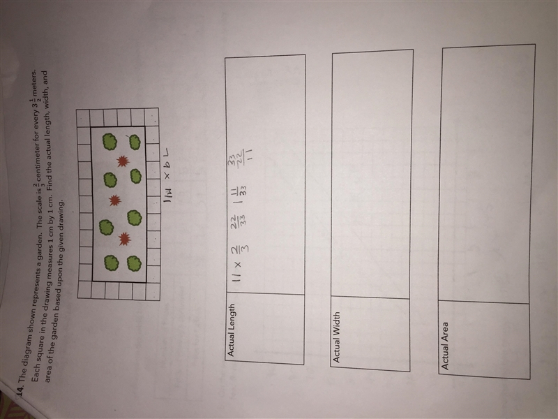 The diagram shown represents a garden. The scale is 2/3 centimeters for every 3 1/2 meters-example-1