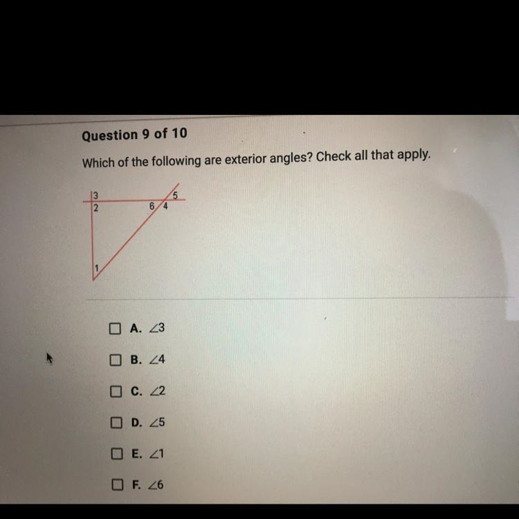 Which of the following are exterior angles? Check 2 that apply.-example-1