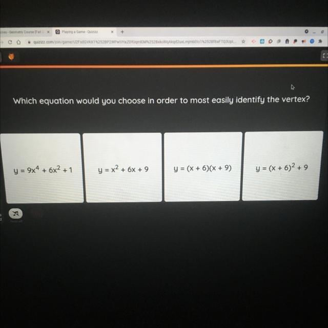 Which equation would you choose in order to most easily identify the vertex? K y = 9x-example-1