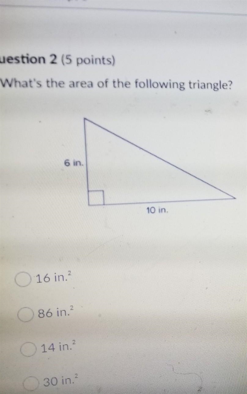 What's the area of the following triangle? 6 in. 10 in. 16 in. 2 86 in. 14 in.? 30 in-example-1