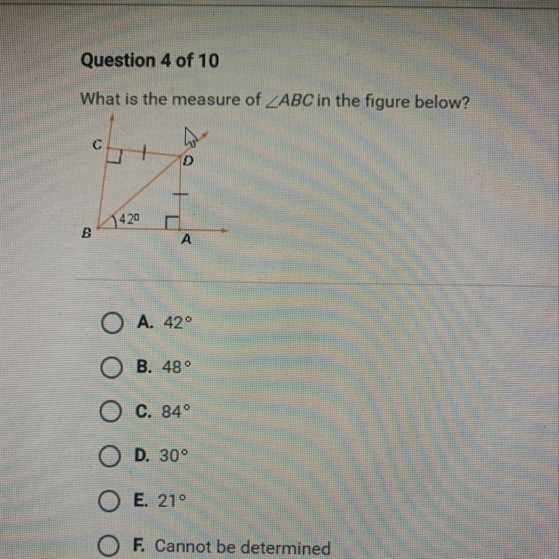 What is the measure of ABC in the figure below? C о A4 20 B A А. 420 В. 48° С. 84° ОО-example-1