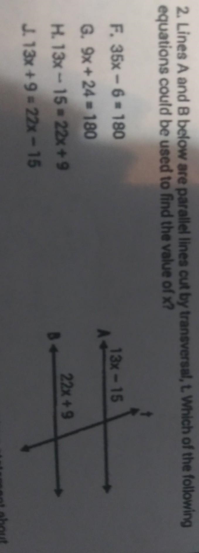 lines A and B are parallel lines cut by transversal, t which of the following equations-example-1