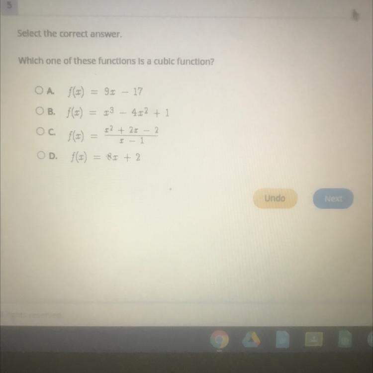 Select the correct answer. Which one of these functions is a cubic function?-example-1