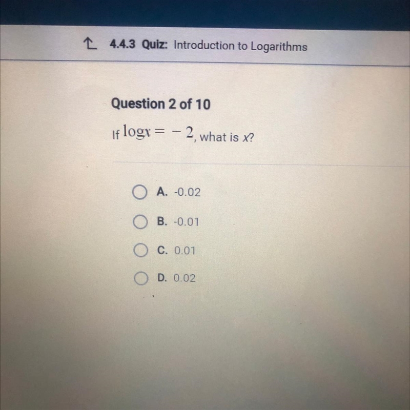 If logx= -2, what is x?-example-1