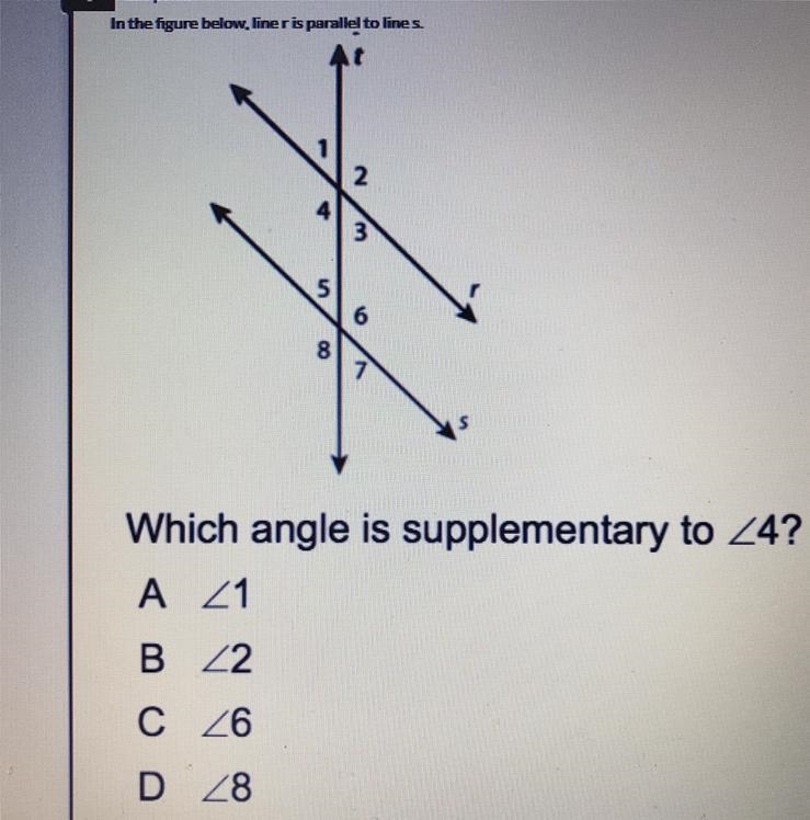 Which angle is supplementary to 4?-example-1