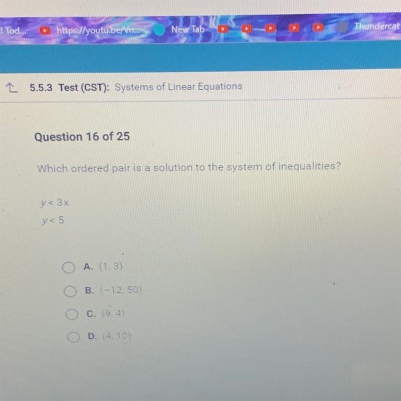 PLEASE HELP Which ordered pair is a solution to the system of inequalities? y< 3x-example-1