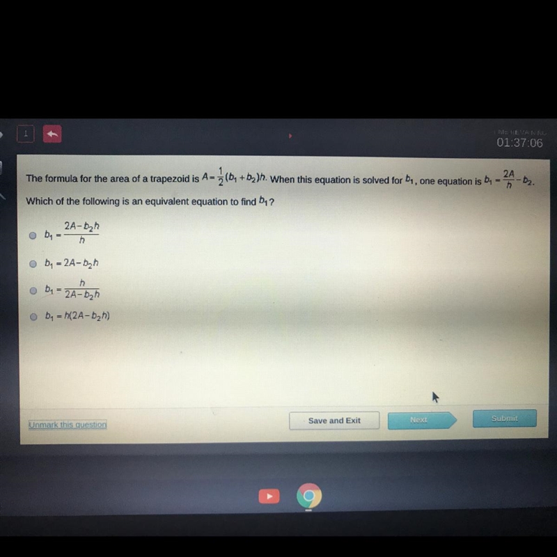 The Formula for the area of a trapezoid is A=1/2(b1+b2)h when this equation is solve-example-1