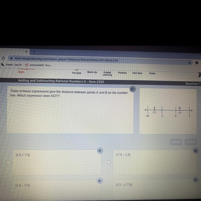 Three of these expressions give the distance between points A and B on the number-example-1