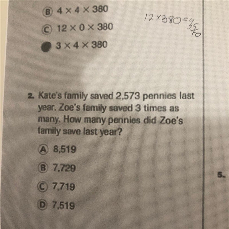 2. Kate's family saved 2,573 pennies last year. Zoe's family saved 3 times as many-example-1