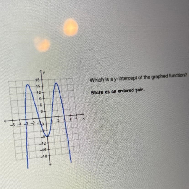 Which is a y-intercept of the graphed function? State as an ordered pair.-example-1