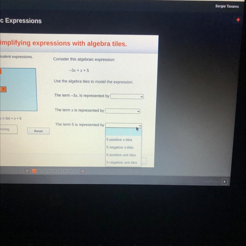 Consider this algebraic expression: -3x + x + 5 Use the algebra tiles to model the-example-1