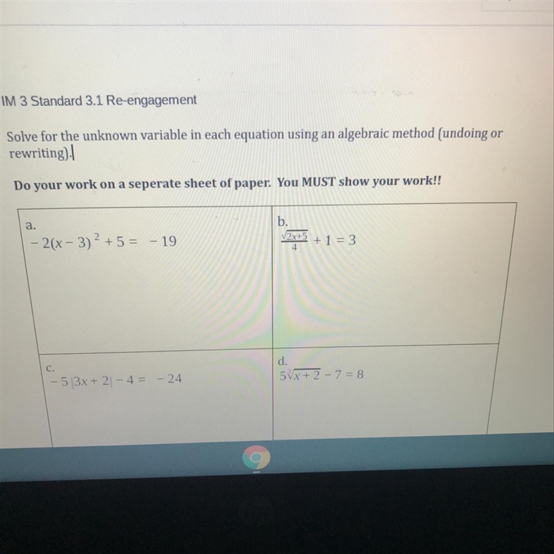 Solve for the unknown variable in each equation using an algebraic method(undoing-example-1