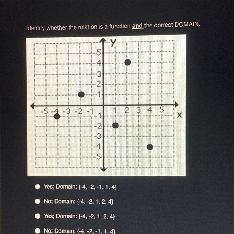 (See pic) identify wheather the relation is a function and the correct domain-example-1