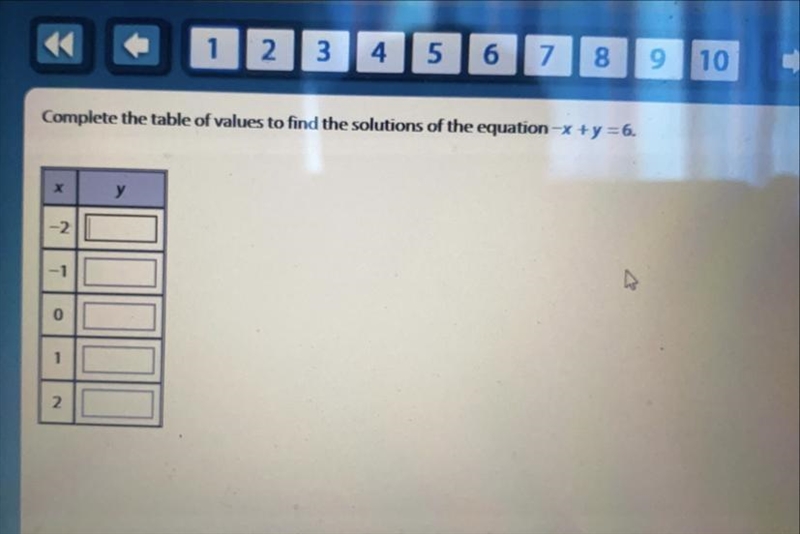 Complete the table of values to find the solutions of the equation -x + y = 6.-example-1