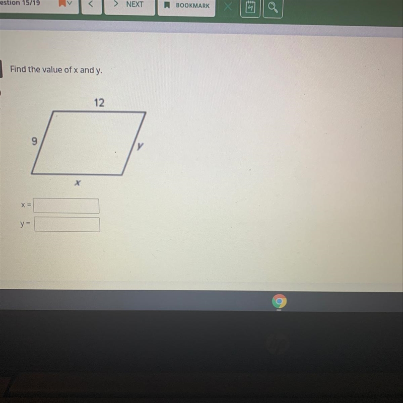 Find the value of x and y. 12 9 y X= y =-example-1