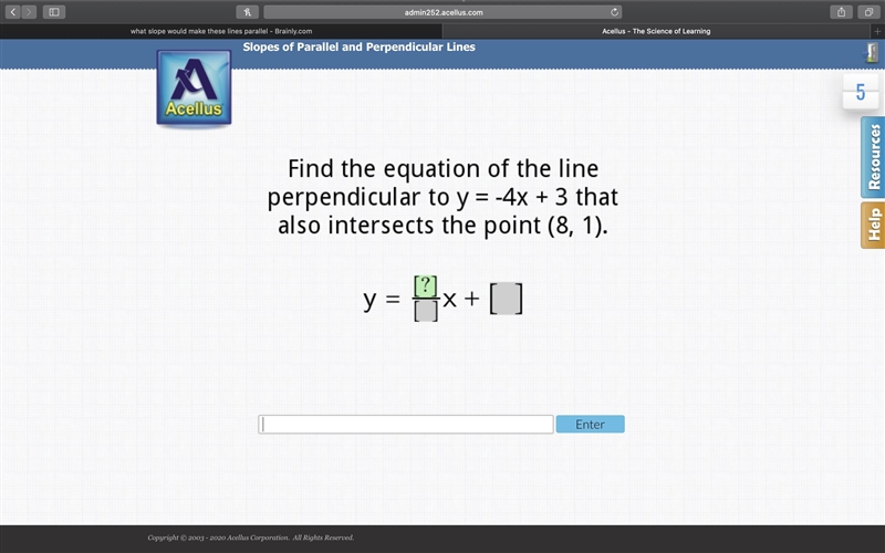 Find the equation of the line perpendicular to y=-4x+3 that also intersects the point-example-1