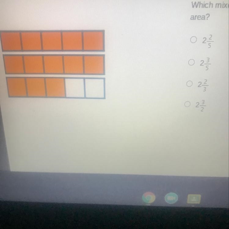 Which mixed number is represented by the shaded area? 2 2/5, 2 3/5, 2 2/3, 2 3/2?-example-1