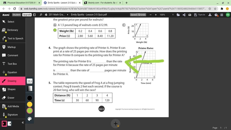 The graph shows the printing rate of Printer A. Printer B can print at a rate of 25 pages-example-1