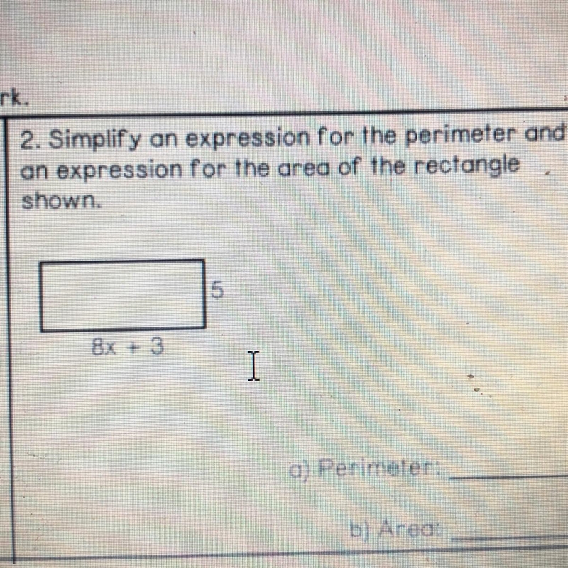 Please helppp. Simplify an expression for the perimeter and an expression for the-example-1