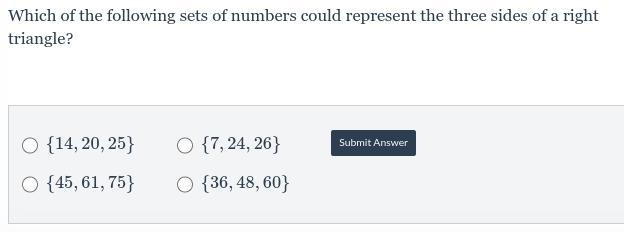 Which of the following sets of numbers could represent the three sides of a right-example-1