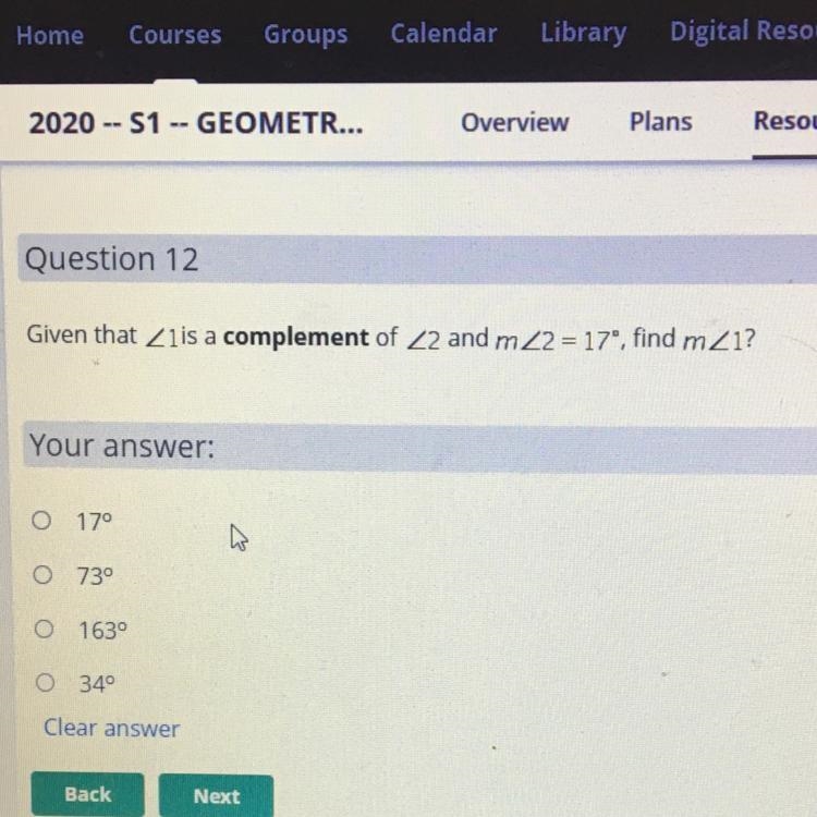 Question 12 Given that Zlis a complement of 22 and mZ2 = 17°, find mZ1?-example-1