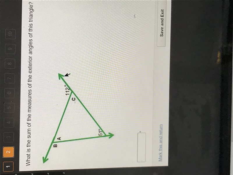 PLEASE HELP!! What is the sum of the measures of the exterior angles of this triangle-example-1