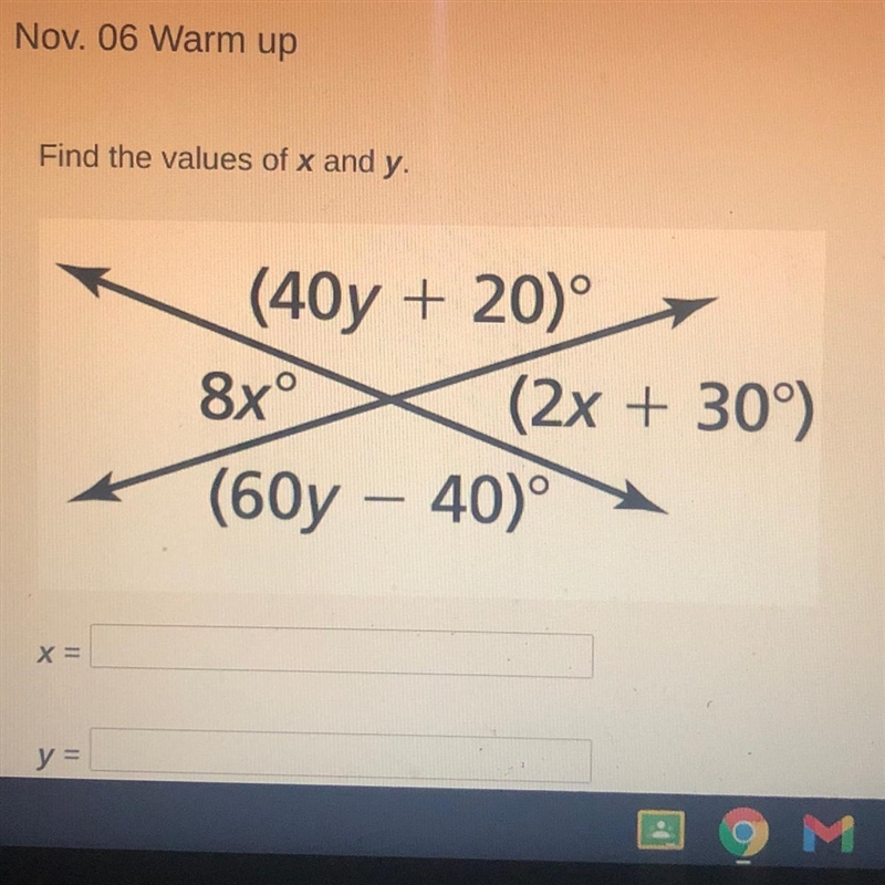 Find the values of x and y. (40y + 20° 8xº (2x + 30°) (60y – 40)-example-1