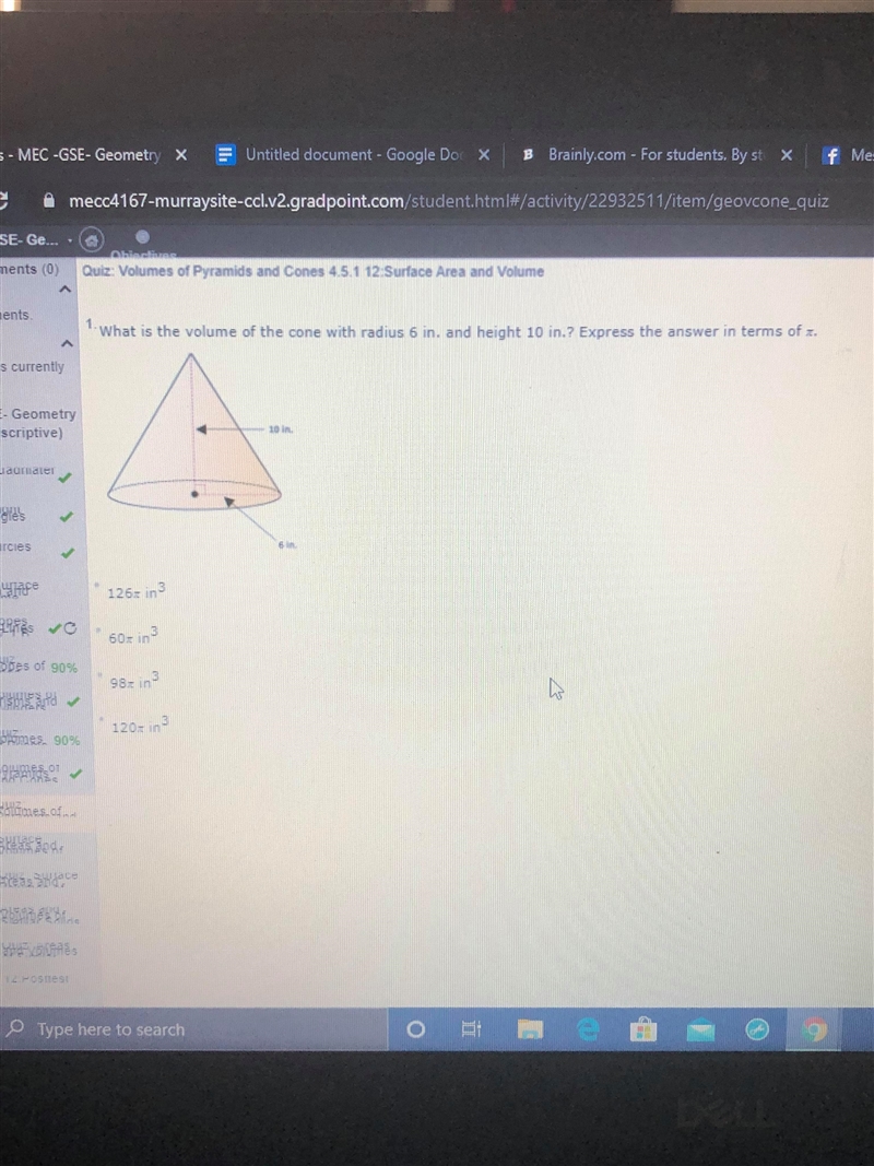 What is the volume of the cone with radius 6 in. and height 10 in.? Express the answer-example-1