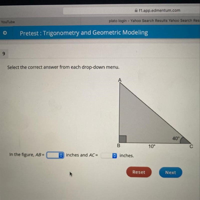 Select the correct answer from each drop down menu In the figure, AB = ____ inches-example-1