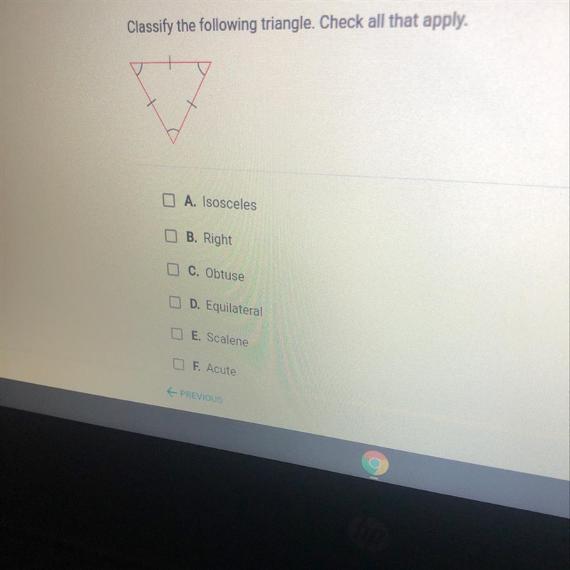 Classify the following triangle. Check all that apply. A. Isosceles B. Right C. Obtuse-example-1