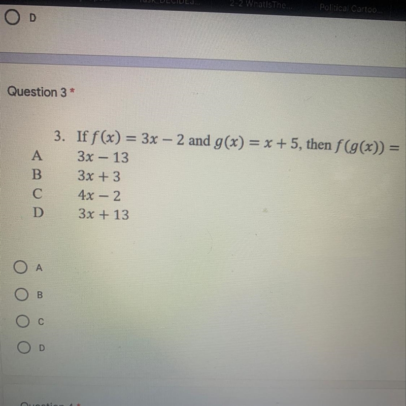 If f(x) = 3x — 2 and g(x) = х + 5, thеn f(g(x)) =-example-1